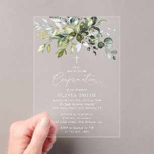 Invitaciones Acrílicas Verde, Hojas de Eucalipto, Boho, Confirmación