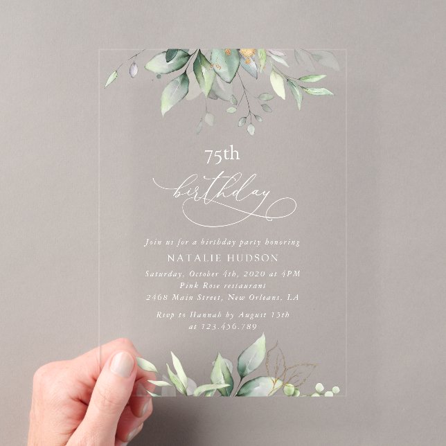 Invitaciones Acrílicas Verde, Hojas de Eucalipto, Boho, Cumpleaños (Insitu (portátil))