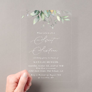 Invitaciones Acrílicas Verde, Hojas de Eucalipto, Boho, Cumpleaños 16