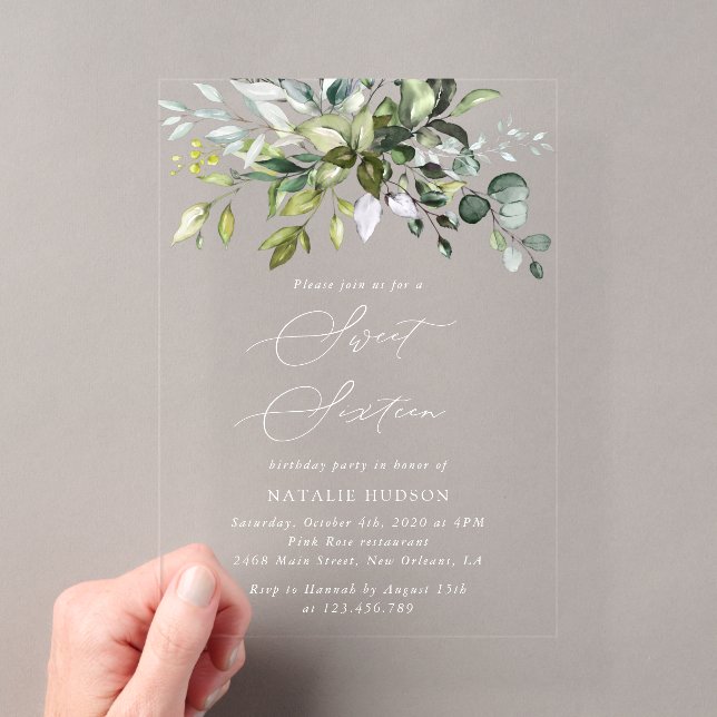 Invitaciones Acrílicas Verde, Hojas de Eucalipto, Boho, Cumpleaños 16 (Insitu (portátil))