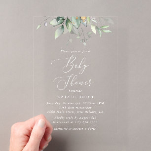 Invitaciones Acrílicas Verde, Hojas de Eucalipto, Boho, Shower de Bebé