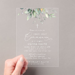 Invitaciones Acrílicas Verde, Hojas de Eucalipto, Primera Comunión