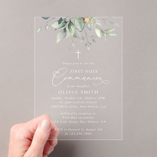 Invitaciones Acrílicas Verde, Hojas de Eucalipto, Primera Comunión (Insitu (portátil))