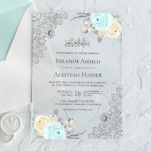 Invitaciones Acrílicas Verde menta floral encaje rústico Boda musulmana