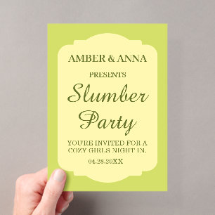 Invitaciones Acrílicas VERDE OLIVA FIESTA DE PijAMAS CON NOMBRE PERSONALI