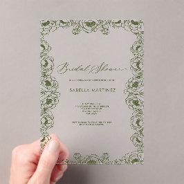 Invitaciones Acrílicas verde oliva floral simple clásico baby shower nupc