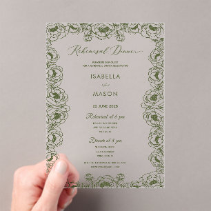 Invitaciones Acrílicas verde oliva simple claro elegante clásico ensayo