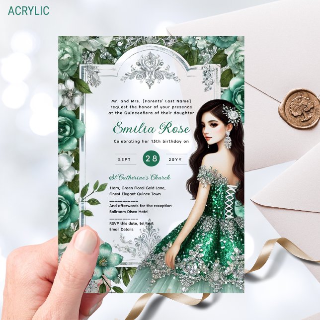 Invitaciones Acrílicas Verde Plata Vestido Quinceañera Elegante Mis Quinc (Subido por el creador)
