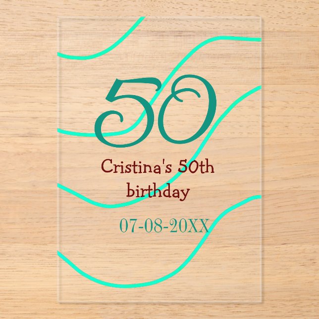 Invitaciones Acrílicas Verde rojo 50 cumpleaños fecha de añadir nombre p (Anverso)