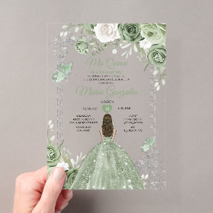 Invitaciones Acrílicas Verde Sage Plateado Mis Quince 15 Años Mariposa