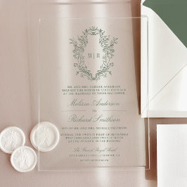Invitaciones Acrílicas Verde Salvia Crest Monograma Boda Chinoiserie