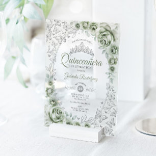 Invitaciones Acrílicas Verde Salvia Floral de Quinceañera Plateada