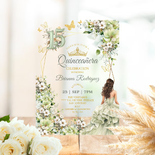 Invitaciones Acrílicas Verde Salvia Floral Mariposas Doradas Quinceañera