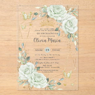 Invitaciones Acrílicas Verde Salvia Floral Mariposas Quinceañera Quince