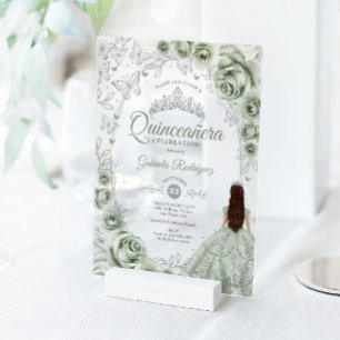 Invitaciones Acrílicas Verde Salvia Floral Plateada Quinceanera
