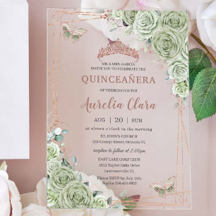 Invitaciones Acrílicas Verde Salvia Floral Rosa Dorado Quinceañera Cumple