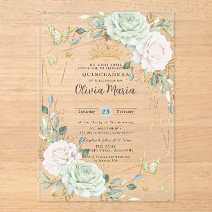 Invitaciones Acrílicas Verde Salvia & Mariposas Florales Blancas Quinceañ
