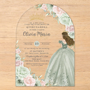 Invitaciones Acrílicas Verde Salvia Rosa Floral Princesa Quinceañera