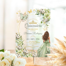 Verde Salvia Tiara Dorada Mariposa Quinceañera