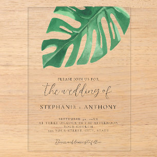 Invitaciones Acrílicas Verde tropical hojas de Monstera Boda de verano