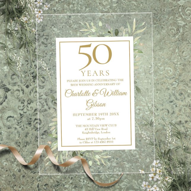 Invitaciones Acrílicas Verdor acuático del 50 aniversario Boda de oro (Gold 50th Wedding Anniversary Watercolor Greenery Acrylic Invitations)