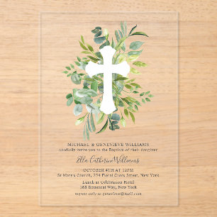 Invitaciones Acrílicas Verdor Floral Baptismo de la Cruz Botánica