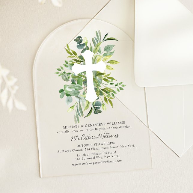 Invitaciones Acrílicas Verdor Floral Baptismo de la Cruz Botánica (Subido por el creador)