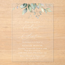 Invitaciones Acrílicas Verdor, hojas de eucalipto, boho, dulce 16