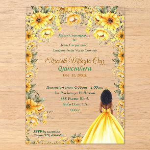 Invitaciones Acrílicas Vestido Amarillo Vibrante y Cabello Afro Quinceañe