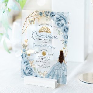Invitaciones Acrílicas Vestido azul bebé Quinceañera Flores Doradas