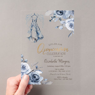 Invitaciones Acrílicas Vestido azul claro Rosas azules Quinceañera  