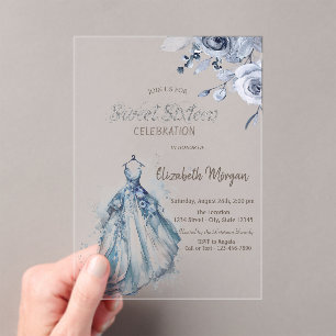 Invitaciones Acrílicas Vestido azul de acuarela Rosas azules Cumpleaños 1