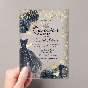 Invitaciones Acrílicas Vestido Azul Oscuro, Rosas, Mariposas Doradas Quin