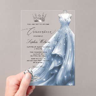 Invitaciones Acrílicas Vestido Azul Plata Princesa Quinceañera