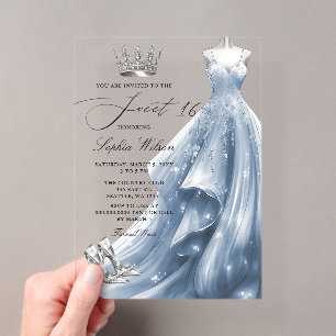 Invitaciones Acrílicas Vestido azul plateado Princesa Sweet 16