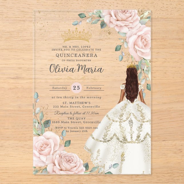 Invitaciones Acrílicas Vestido blanco floral de Rubor Princesa Gown Quinc (Anverso)