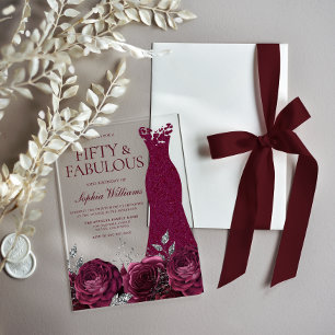 Invitaciones Acrílicas Vestido burdeos y flores Cumpleaños 50
