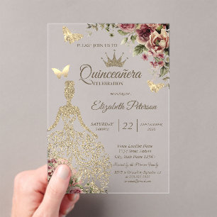 Invitaciones Acrílicas Vestido chic, estrellas florales de mariposa Quinc