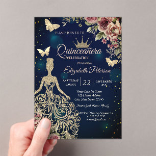 Invitaciones Acrílicas Vestido chic, estrellas florales de mariposa Quinc