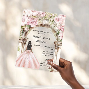 Invitaciones Acrílicas Vestido de arco floral rosa sonrosado Sweet 16