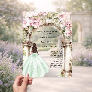 Invitaciones Acrílicas Vestido de arco floral rosa verde claro Sweet 16