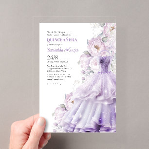Invitaciones Acrílicas Vestido de Baile Formal Flores Purpura Quinceanera