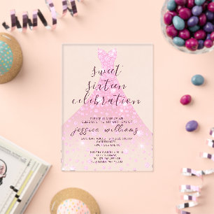 Invitaciones Acrílicas Vestido de bola de lentejuelas rosadas Cumpleaños 