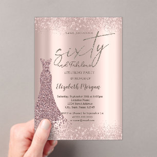 Invitaciones Acrílicas Vestido de borde de polvo de purpurina de oro rosa