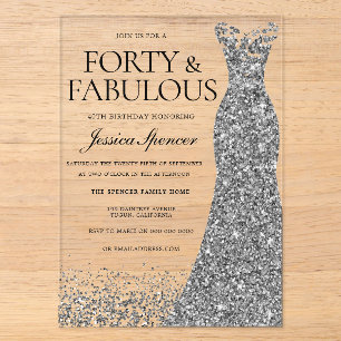 Invitaciones Acrílicas Vestido de brillo plateado Cumpleaños 40