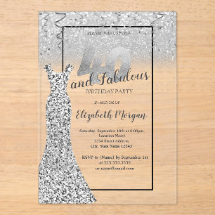 Invitaciones Acrílicas Vestido de brillo plateado elegante Cumpleaños 40