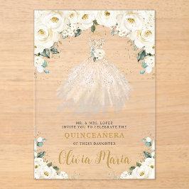 Invitaciones Acrílicas Vestido de champán floral marrón blanco Quinceañer