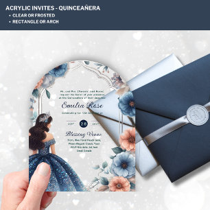 Invitaciones Acrílicas Vestido de color Plata Azul de Quinceañera ACRÍLIC