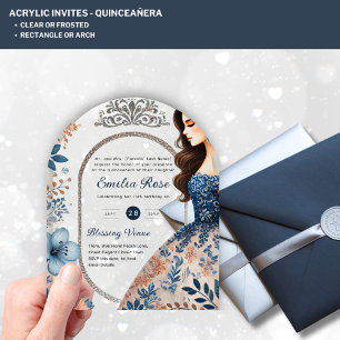 Invitaciones Acrílicas Vestido de color Plata Azul de Quinceañera ACRÍLIC