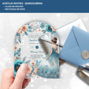 Invitaciones Acrílicas Vestido de color Plata Azul de Quinceañera ACRÍLIC